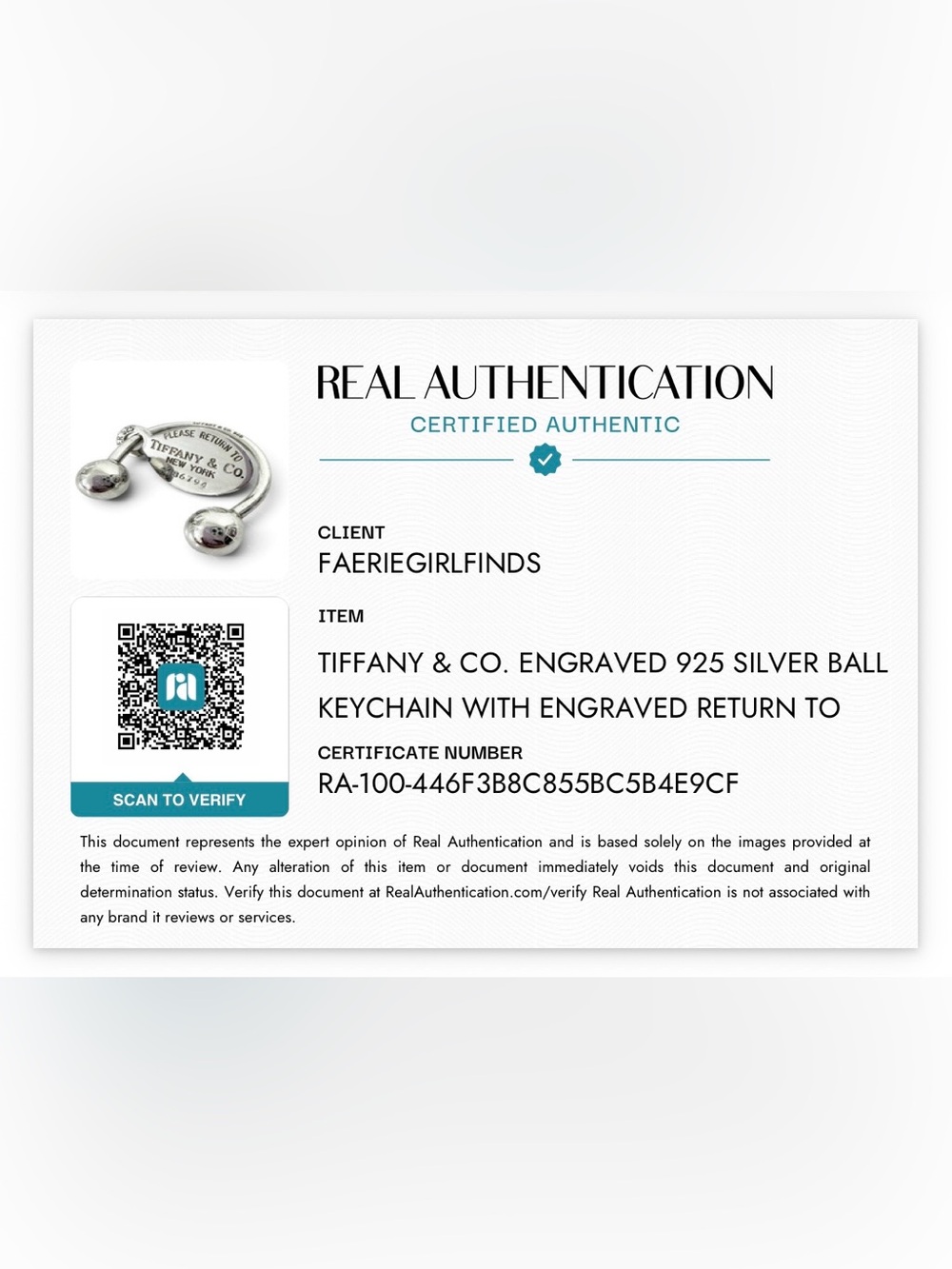 Tiffany & Co. Engraved 925 Silver Ball Keychain with Engraved Return To Charm - Picture 13 of 13